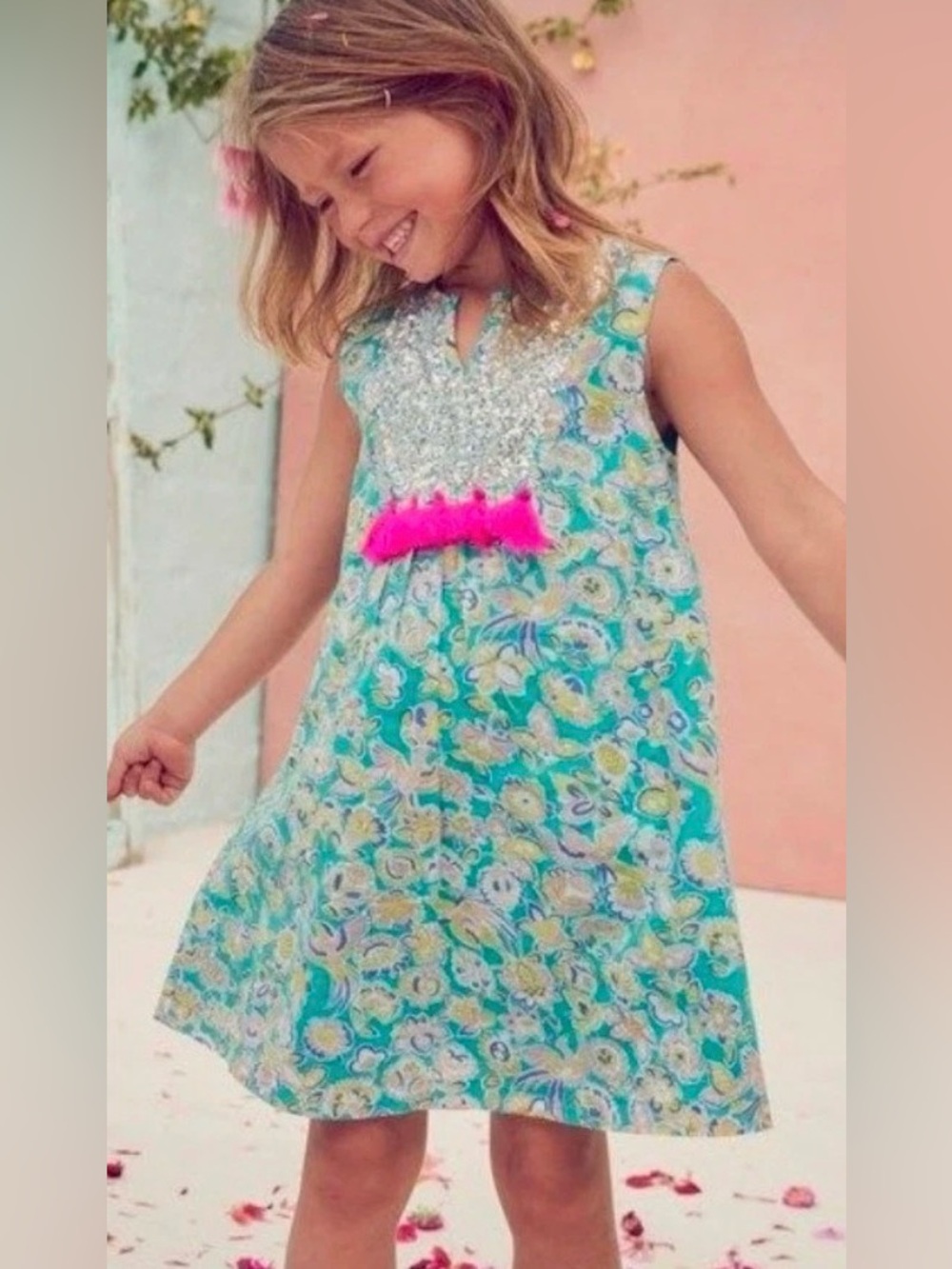 Mini Boden Turquoise Floral Dress with Silver Sequin Yoke and Pink Pom Sz 6/7